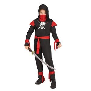 Fun World‎ Skull Ninja Child Costume Black Red Hooded Jumpsuit Large 12-14 NEW